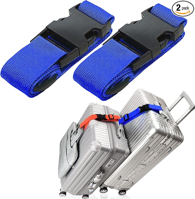 2Pack Luggag Straps for Carry On Bag, Adjustable Suitcase Belt Add Bag Travel Attachment Accessories for Connect Your 3 Luggages, Blue