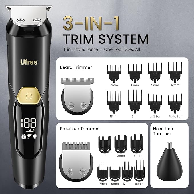 Ufree 3-in-1 Beard Trimmer Kit, Men's Electric Shaver Razor for Mustache Body Nose Facial Hair, Professional Hair Trimmer, Rechargeable Clippers, Waterproof Beard Grooming, Birthday Gifts for Men