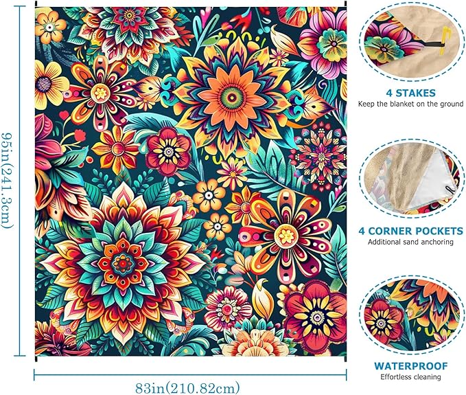Beach Blanket Waterproof Sandproof, Bohemian Flowers Oversized Extra Large Beach Mat 83"×95"/8 × 7 FT for 1-7 Adults for Picnic Travel Hiking, Quick Drying Lightweight Camping Vacation Essentials