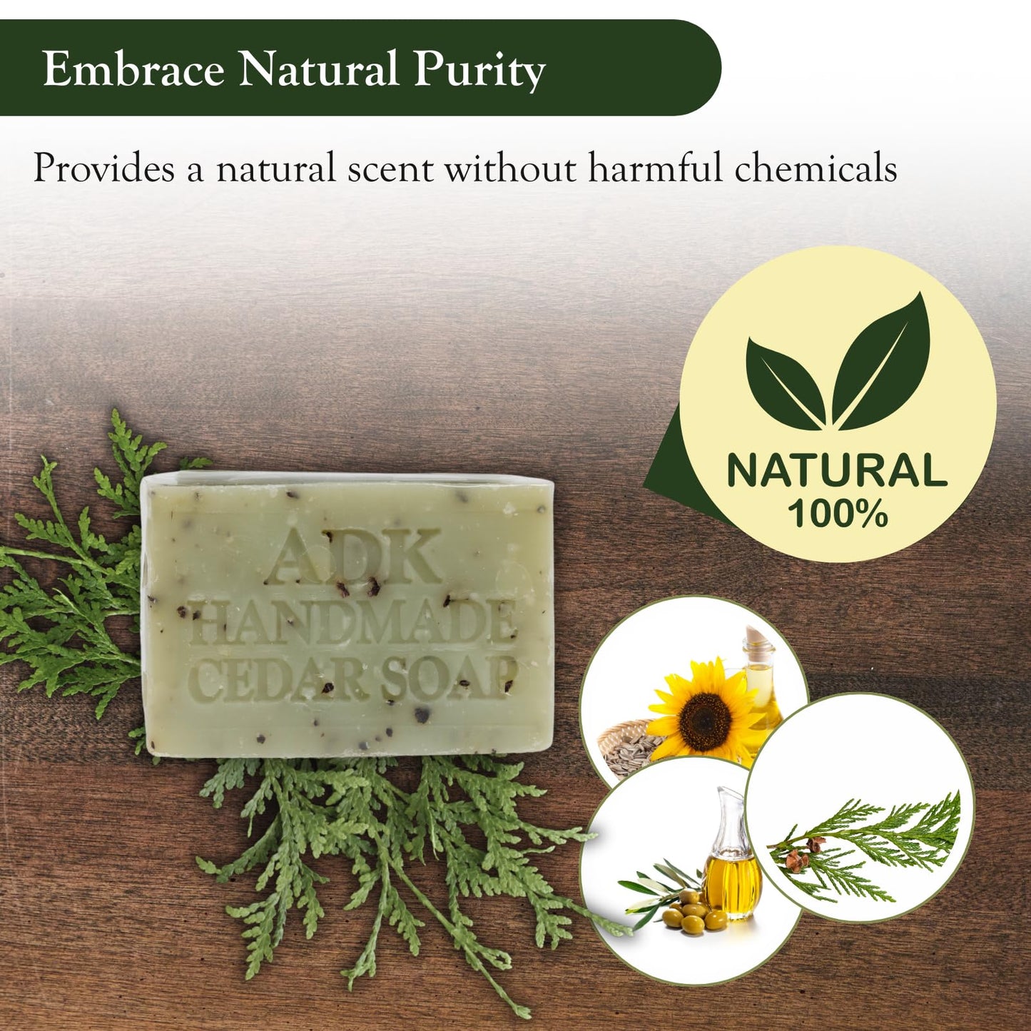 Adirondack Fragrance & Flavor Farm ADK Natural Cedar Soap Bar 4 oz., Handmade Vegan Olive Oil Body Soap for Dry and Sensitive Skin, Moisturising for Men, Women & Babies, Produced in the USA