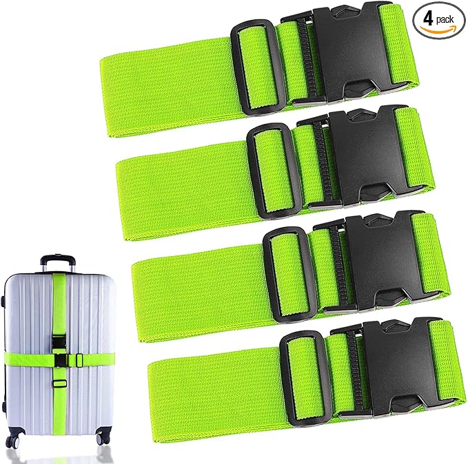 4Pcs Luggage Straps for Suitcase Travel Accessories TSA Approved, 80In Long Belts to Keep Your Suitcase Secure, Adjustable Bag Straps with Quick-Release Buckle for Travel Bag Closure, Green