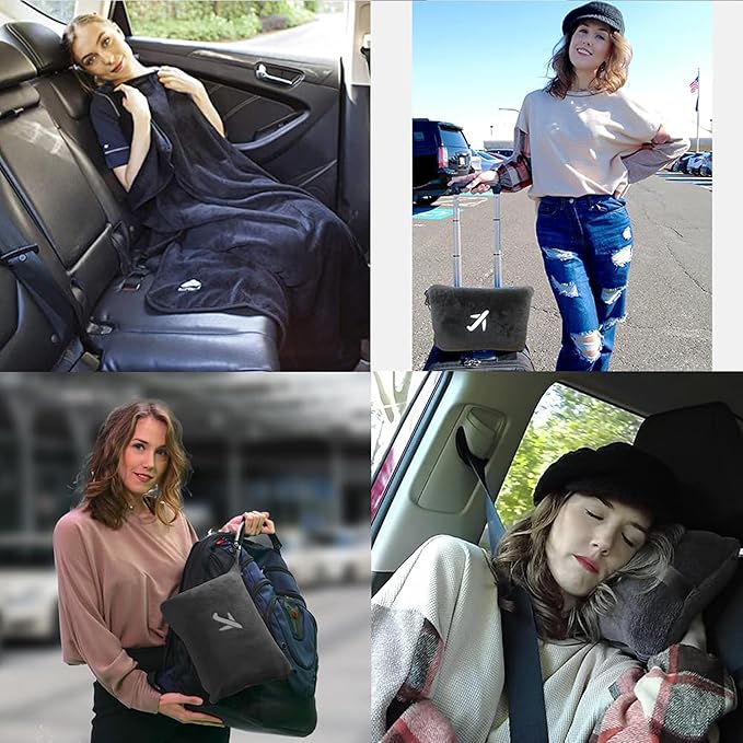 BlueHills 2-Pack Mini Premium Soft Plush Travel Blanket Pillow Airplane Essentials Flight Throw in Bag with Hand Luggage Strap Backpack Clip Accessories Portable Traveling Plane Blankets Black - M25