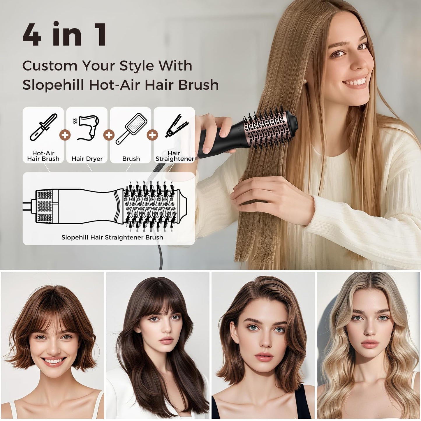 slopehill Mini Dual Voltage Hair Dryer Brush,1000 Watts Travel Hot Air Brush with European Plug, Ionic One Step Hair Dryer and Styler for Women for Home & Salon, Oval Barrel 2 Heat & 2 Speed Settings