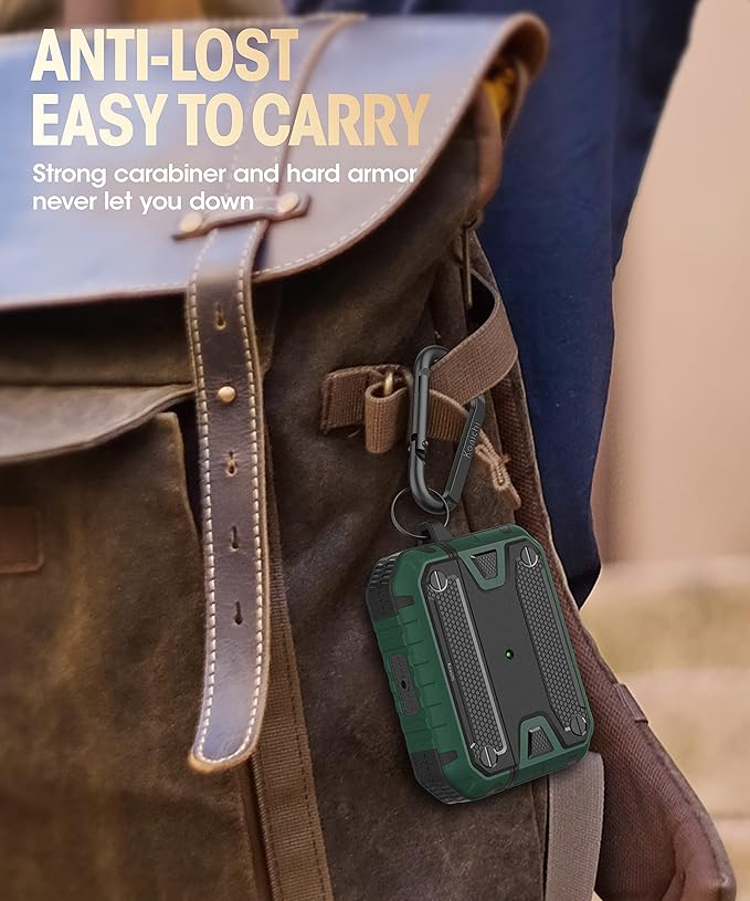 Koaichi Compatible with AirPods Pro(2nd Generation/1st Generation), Full-Body Rugged Hard Shell Protective Case Cover with Keychain Designed for AirPods Pro (2022/2019), Black/Green