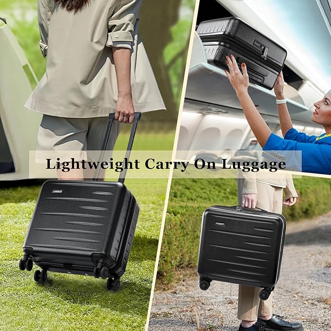 16 Inch Carry On Luggage Airline Approved, Expandable Lightweight ABS+PC Hard Shell Suitcases with 360° Spinner Wheels, TSA Lock, YKK Zippers (Black)