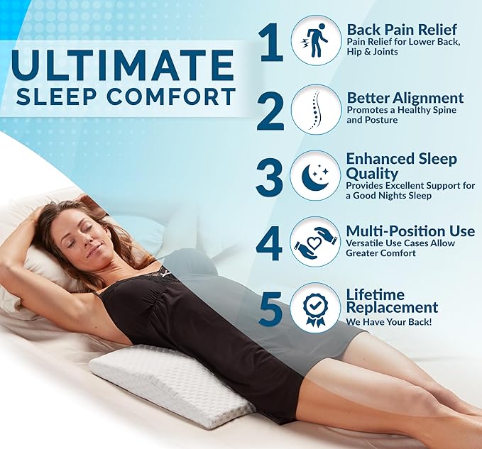 ComfiLife Lumbar Support Pillow for Sleeping Memory Foam Pillow for Back Pain Relief - Side, Back and Stomach Sleepers- Triangle Wedge Pillow - Bed Rest Pillow - Medium-Soft (White, Standard)