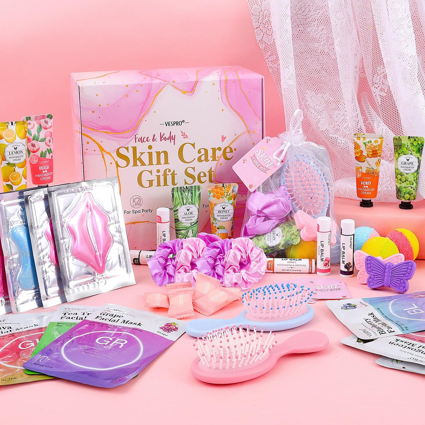 VESPRO 110PCS Spa Party Supplies for Girls Spa Party Favors Include Face Masks Skincare,Hand Cream,Lip Balm,Eye Patches,Lip Mask,mini Hair Brush, Stocking Stuffers for teen Girls，Sleepover Party gifts