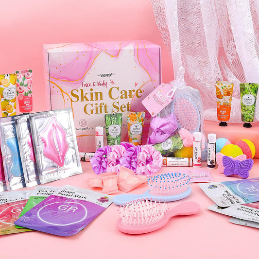 VESPRO 110PCS Spa Party Supplies for Girls Spa Party Favors Include Face Masks Skincare,Hand Cream,Lip Balm,Eye Patches,Lip Mask,mini Hair Brush, Stocking Stuffers for teen Girls，Sleepover Party gifts