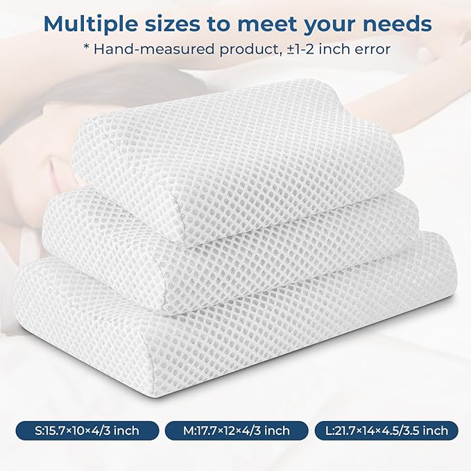 Travel Pillow Memory Foam Pillows, Ergonomic Wave Cervical Neck Pillow for Neck Pain Relief, Compressible Medium Firm Side Sleeper Pillow, Ideal for Camping, Office, Home & Bed (White, L)