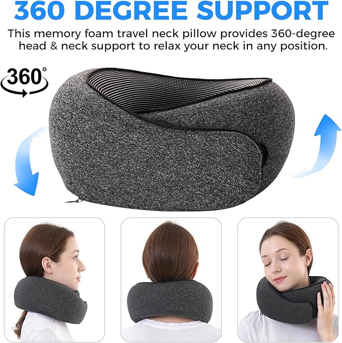Travel Pillow,Travel Neck Pillows for Airplanes,Comfortable Breathable Cover,Memory Foam 360 Degree Support Stowable Pillows,Ideal Accessory for Sleeping Offices and Cars(Black)