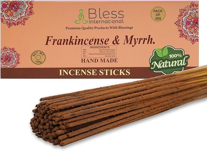 Bless-Frankincense-and-Myrrh 100%-Natural-Handmade-Hand-Dipped-Incense-Sticks Organic-Chemicals-Charcoal-Free Purification-Relaxation-Positivity-Yoga-Meditation Best-Woods-Scent (500 Sticks (26 OZ))