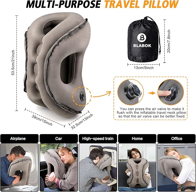 Inflatable Travel Pillow,Multifunction Travel Neck Pillow for Airplane to Avoid Neck and Shoulder Pain,Support Head,Neck,Used for Sleeping Rest, Airplane and Home Use,with Eye Mask, Earplugs,Gray
