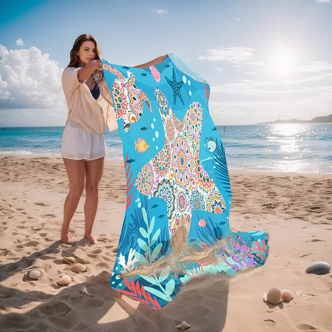 Beach Blanket Waterproof Sandproof, Bohemian Starfish Oversized Extra Large Beach Mat 83"×95"/8 × 7 FT for 1-7 Adults for Picnic Travel Camping Hiking, Quick Drying Lightweight Vacation Essentials