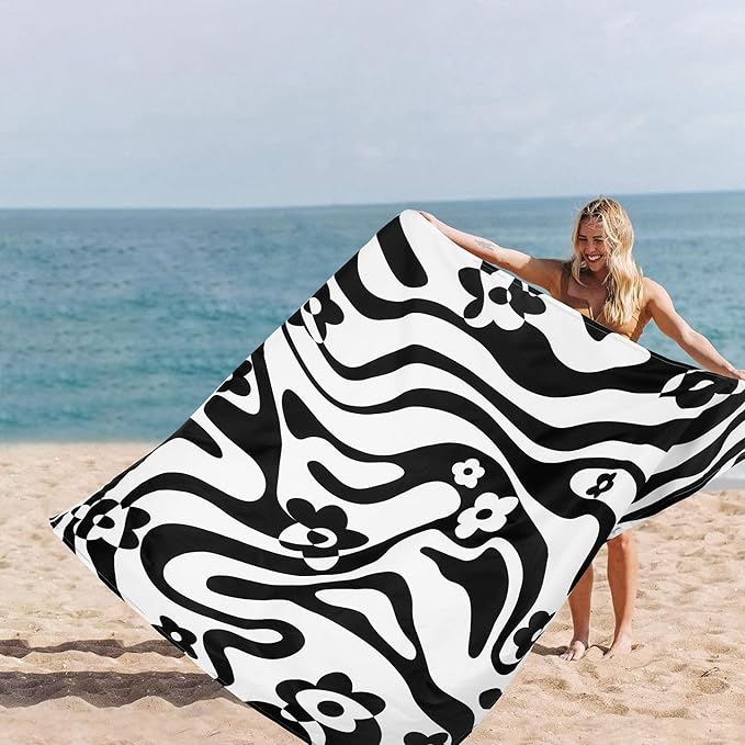 Black Beach Blanket Waterproof Sandproof, 78”x 86” Large Beach Mat for 4-6 Adults, Polyester Lightweight Compact Sandfree Outdoor Picnic Blankets with 4 Stakes & Pockets for Travel, Camping, Hiking
