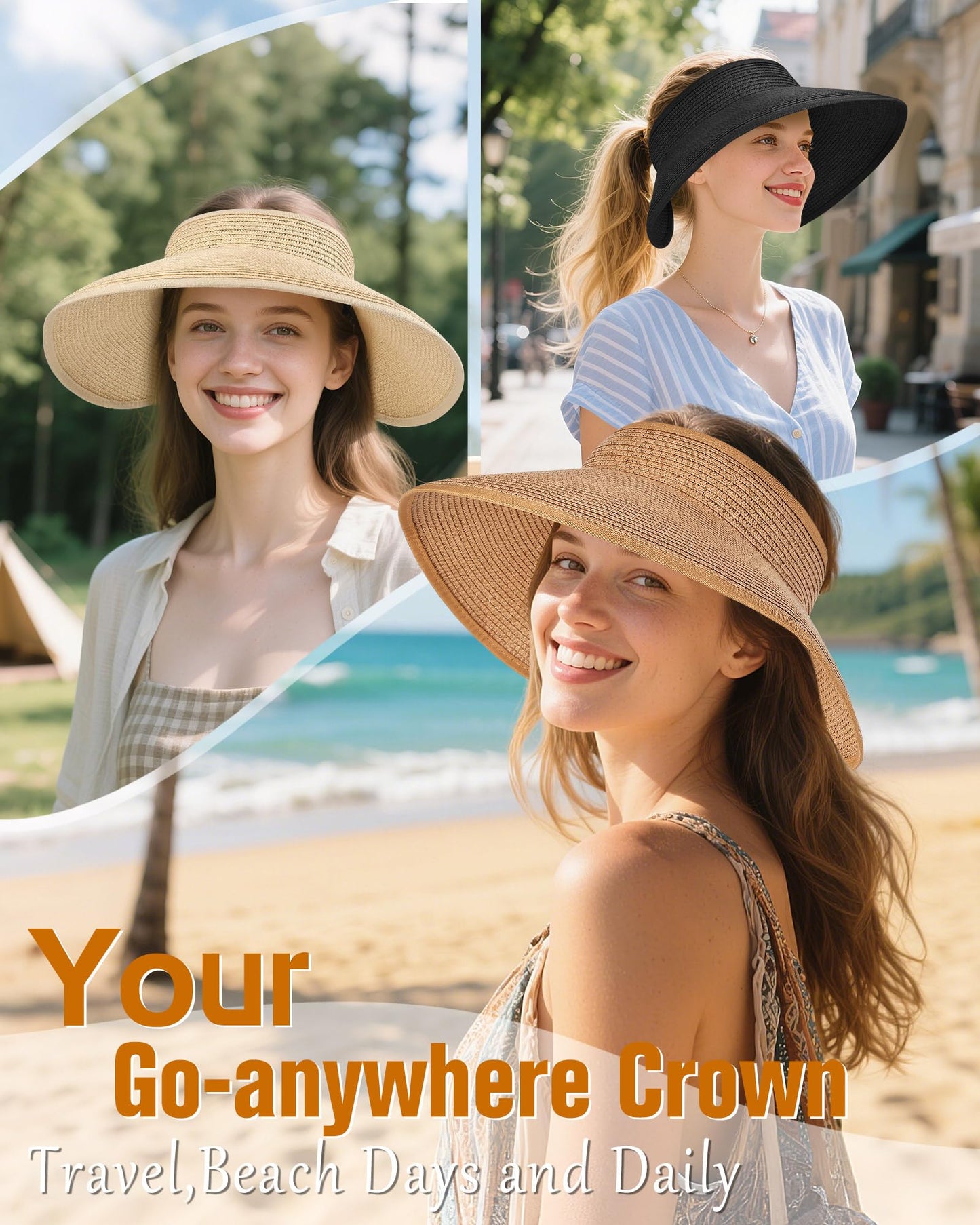YANIKY Sun Visor Hat for Women, Wide Brim Straw Visors Beach Hat Roll Up Foldable Beach Visors Summer UV Protection (US, Alpha, One Size, Khaki)
