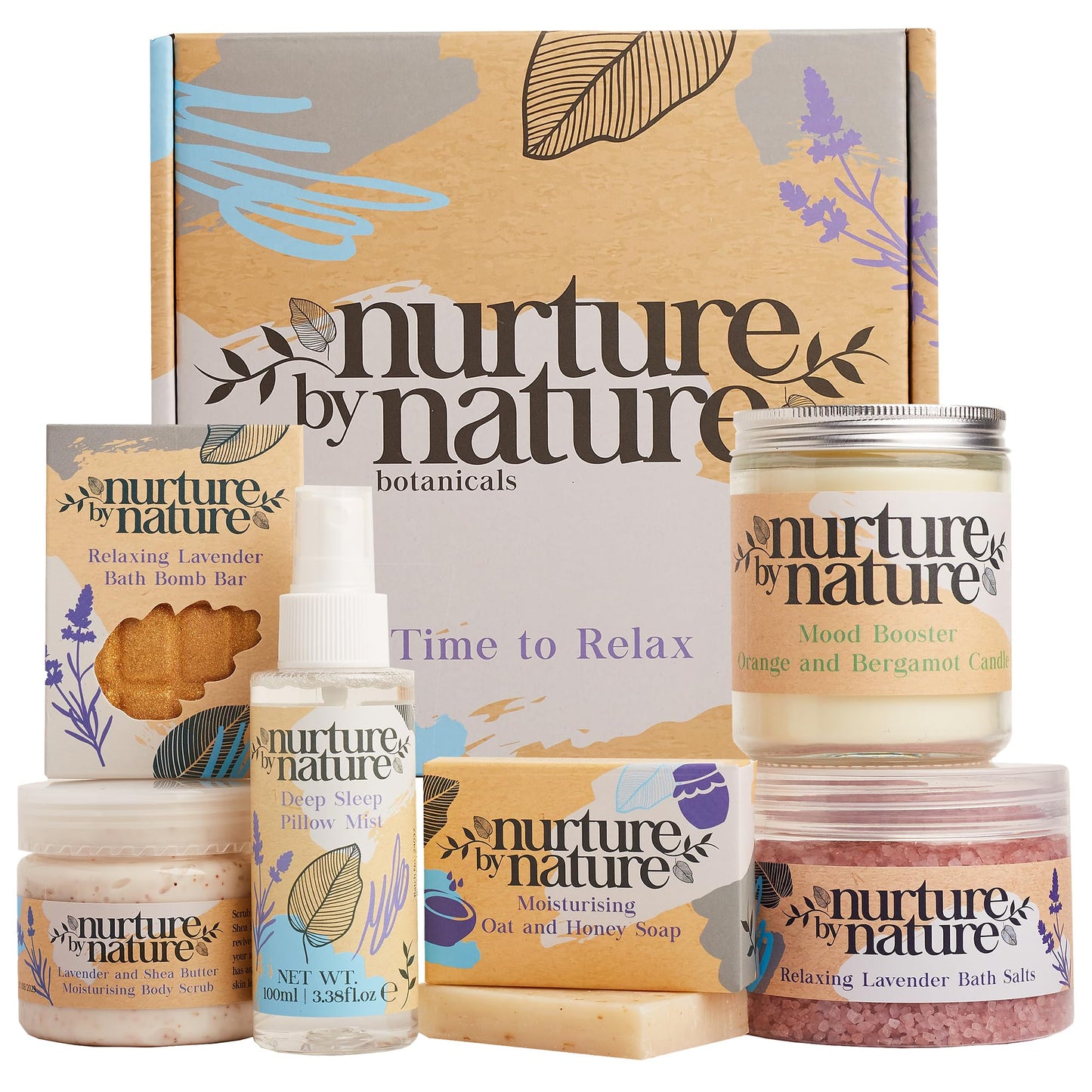 Nurture by Nature RELAX & CALM Spa Kit - Birthday Gifts for Women - Spa Gift Baskets For Women, 6-in-1 Self Care Kit, Bath Sets Gift - Lavender Pillow Mist, Bath Salts, Body Scrub, Bath Bomb