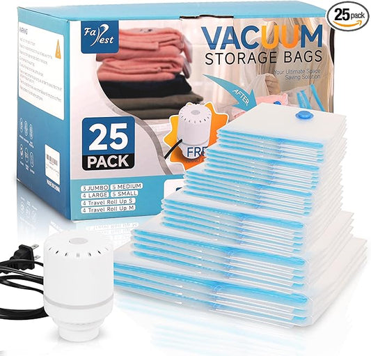 25 Pack Vacuum Storage Bags with Electric Air Pump, Space Saver Bags (3 Jumbo/4 Large/5 Medium/5 Small/4 Roll M/4 Roll S) Compression for Comforters and Blankets, Duvets, Pillows, Travel