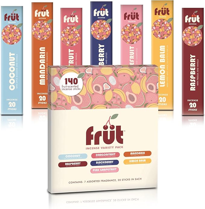 Mecka Frut Incense Sticks Gift Set, 140 Sticks for Meditation and Relaxation, 7 Fruity Scents for Aromatherapy, Premium Long-Lasting Natural Incense