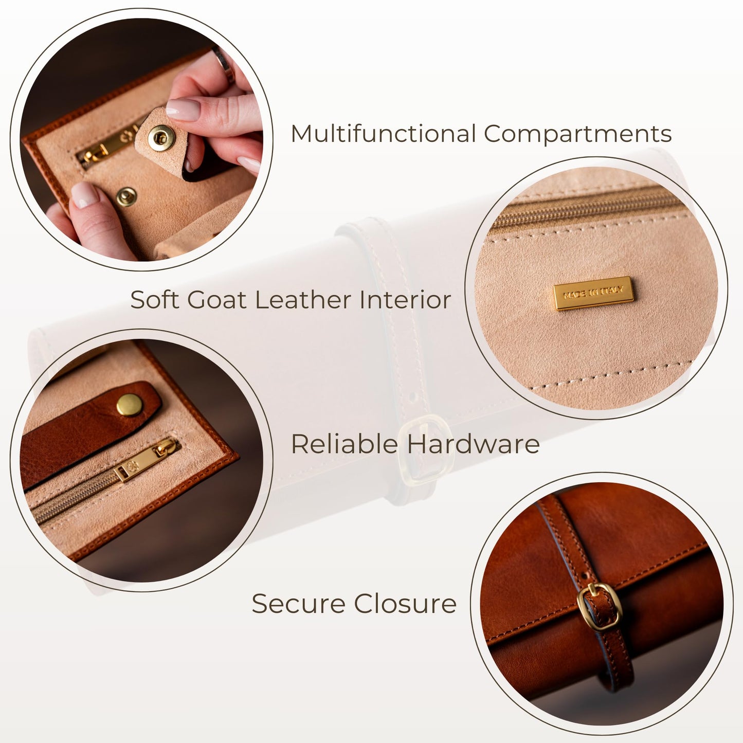 Time Resistance Leather Jewelry Roll - Full Grain Leather Travel Jewelry Case - Jewellery Organizer Made in Italy (Cognac Brown)