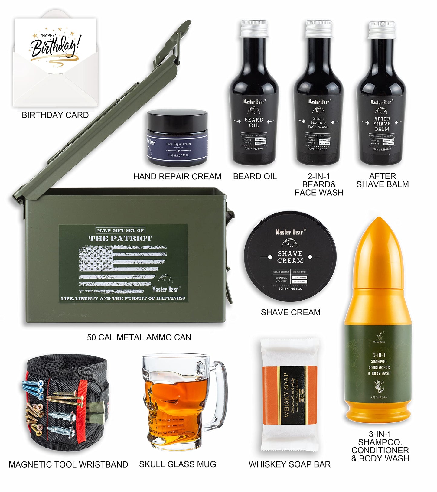 Master Bear Birthday Gifts for Men | 50 Cal Metal Ammo Cans Box Shaving Grooming Set Collection for Him with Happy Bday Card…