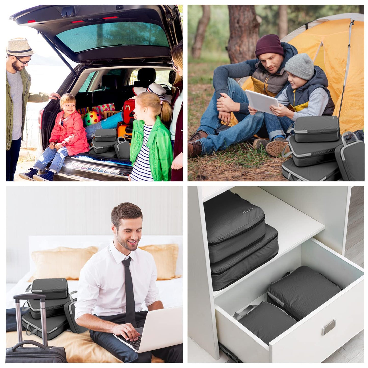 Gonex Compression Packing Cubes, 4pcs Expandable Storage Travel Luggage Bags Organizers (Deep Gray)