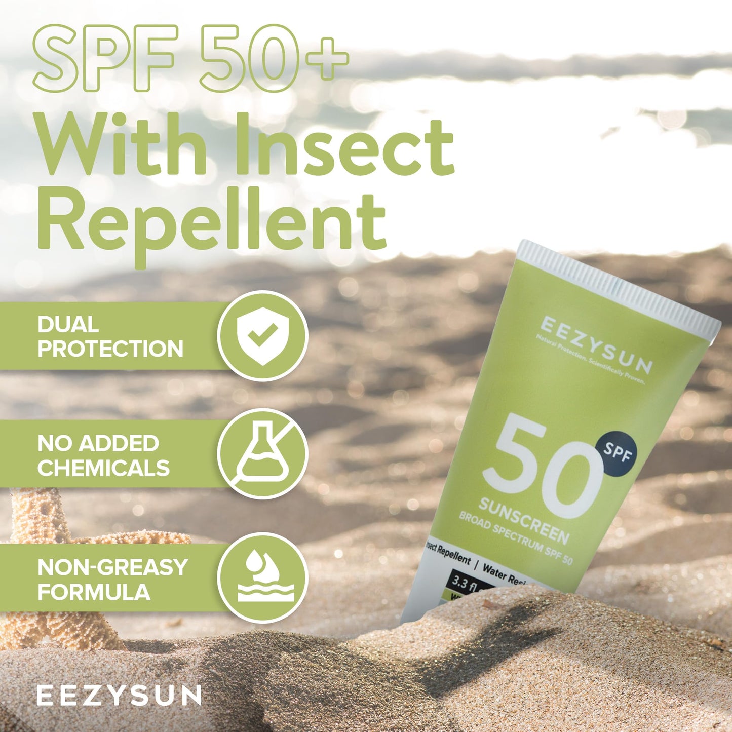 EEZYSUN SPF 50 Sunscreen and Insect Repellent - Water-Resistant Sunscreen Travel Size & Bug Repellent with Citronella Oil, Lemongrass, and Neem Oil - Reef-Safe Bug Repellent Outdoor - 3.3 fl oz