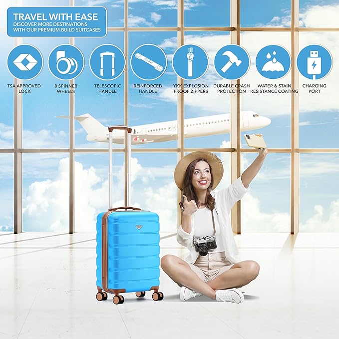 Carry On Suitcase Hardside TSA Lock & USB Port Silent Double Spinner Wheels Maximum Carry-On Bag For Canada Air Approved Airlines( 21.5x15.5x9" ,Turquoise/Tan )