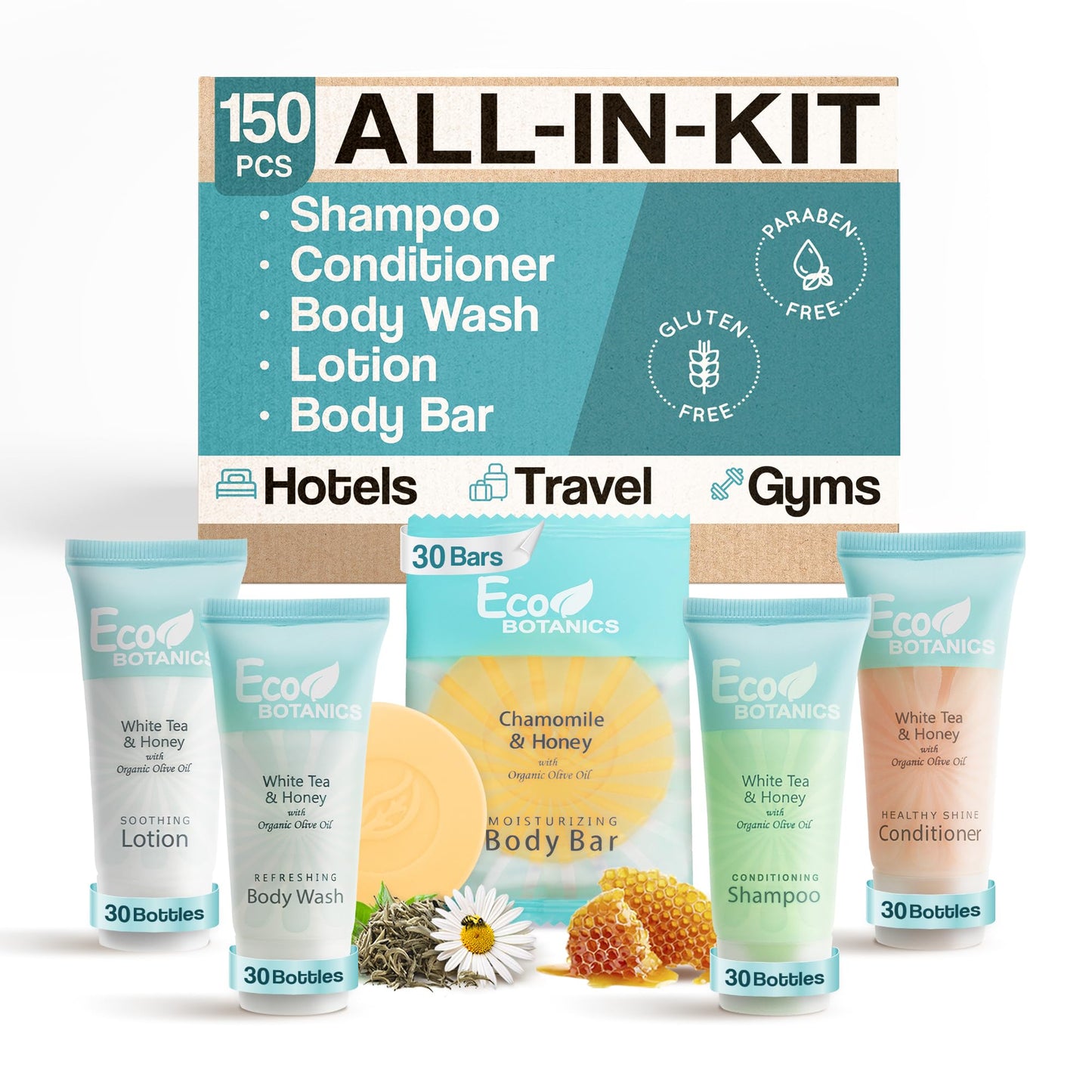 Eco Botanics Hotel Soaps & Toiletries Bulk Set | 1-Shoppe Amenities Kit | 0.85oz Shampoo & Conditioner, Body Wash, Lotion, 0.89oz Bar Soap | Travel Size | 150 Pieces