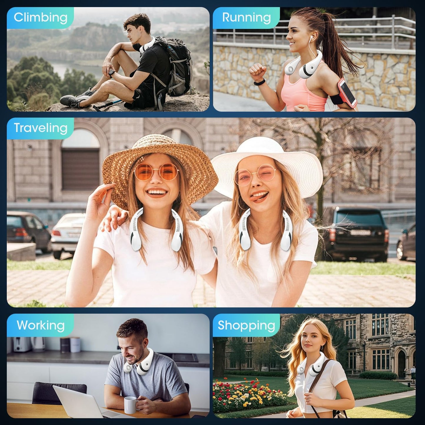 OLV Neck Fan 5000mAh Rechargeable Battery Portable Fan 360° Bladeless Cooling 3 Speeds Powerful Airflow Personal Foldable Neck Fan Gifts for Men Women Home Office,Travel,Sports,Golf,Camping White