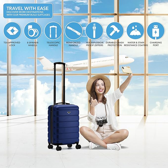 Carry On Suitcase Hardside Built In TSA Lock & USB Port Silent Double Spinner Wheels Maximum Overhead Carry-On Bag For American & United Approved Airlines( 22x14x9" ,Navy )