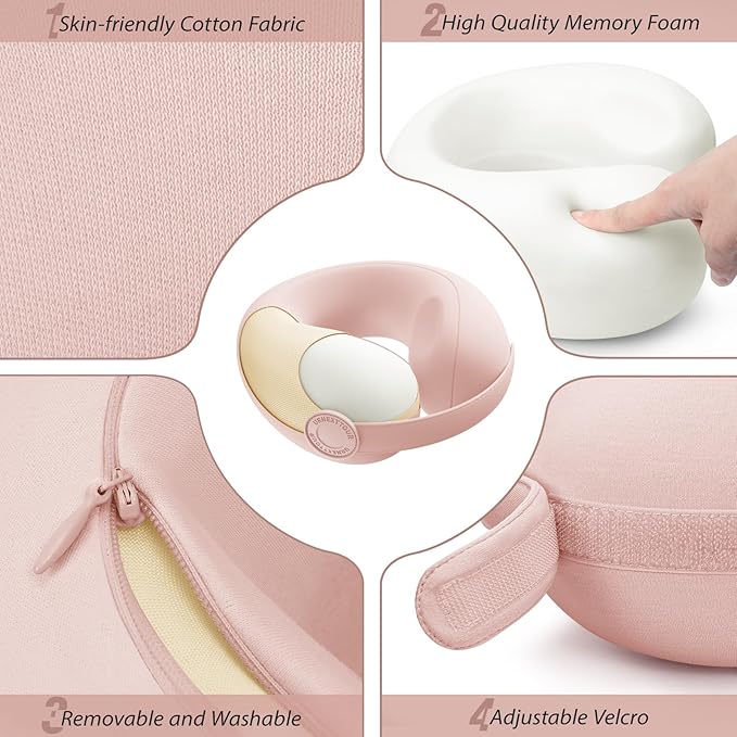 Car Pillow for Little Kids Travel Neck Pillows, Memory Foam Neck Support Travelling Pillow with Washable Cotton Pillowcases and Storage Bag, for Airplane, Train, Flight and Home Use Pink