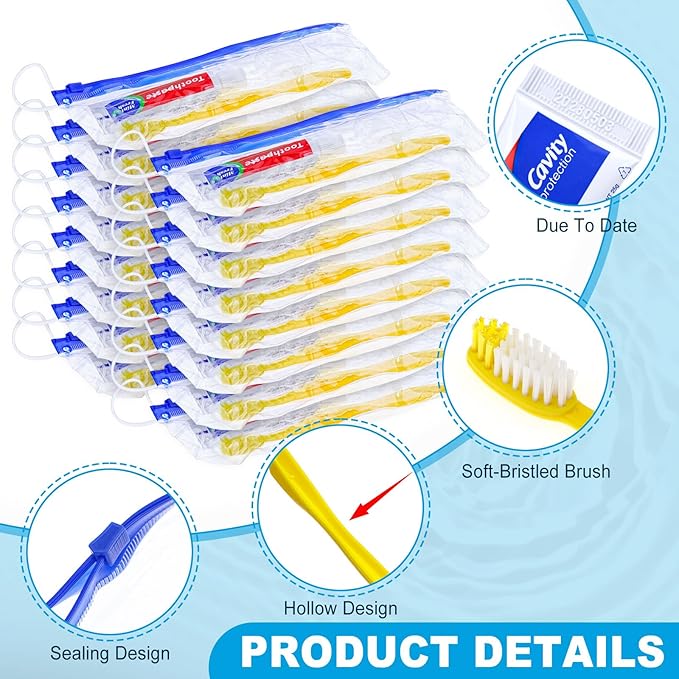 5 pcs Disposable Toothbrushes with Toothpaste and Floss Set,Yellow Individually Wrapped Bulk Single Use Toothbrush Floss Cover Travel Toothbrushes Kit with Zip Bag for Homeless,Hotel,Guest