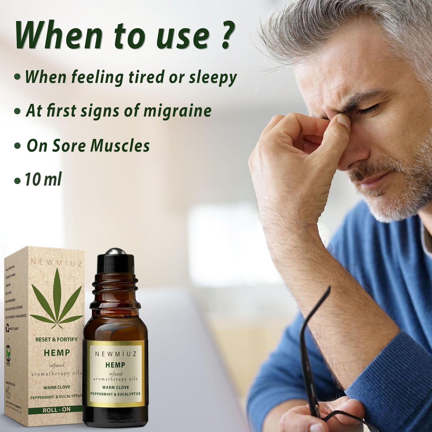 Migraine Headache Roll On Stick 300mg Hemp Peppermint Eucalyptus Clove Arnica Essential Oils Aromatherapy for Eaze Head Destress Gifts for Women Men