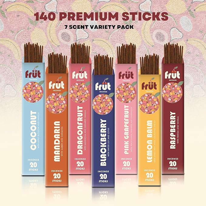 Mecka Frut Incense Sticks Gift Set, 140 Sticks for Meditation and Relaxation, 7 Fruity Scents for Aromatherapy, Premium Long-Lasting Natural Incense