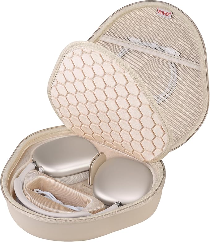 BOVKE Hard Carrying Case with Sleep Mode for Apple AirPods Max Wireless Over-Ear Headphones, AirPods Max Protective Portable Storage Bag with Mesh Pocket for USB-C Charging Cables, Starlight