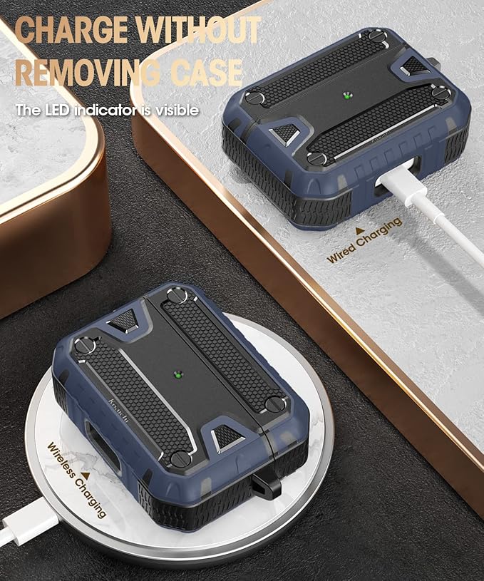 Koaichi Compatible with AirPods Pro(2nd Generation/1st Generation), Full-Body Rugged Hard Shell Protective Case Cover with Keychain Designed for AirPods Pro (2022/2019), Black/Blue