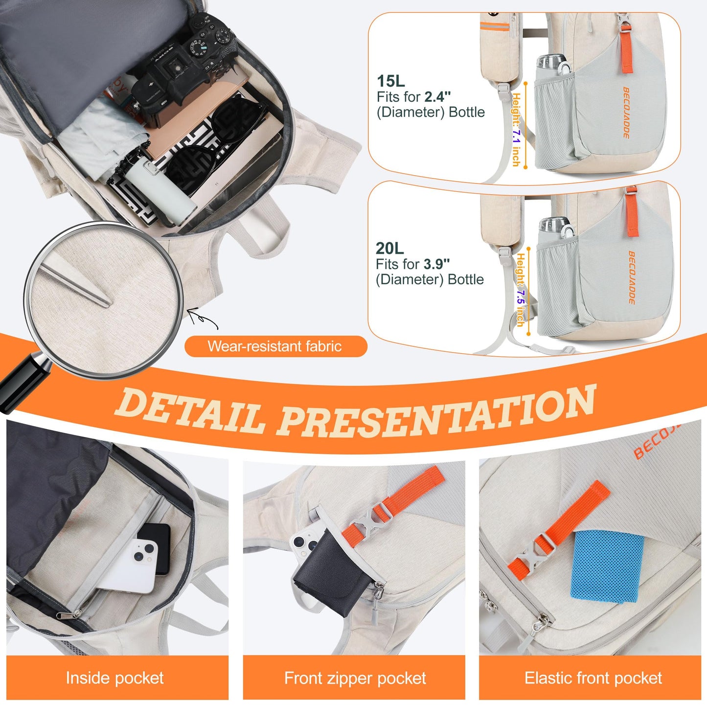 BECOJADDE 15L Small Hiking Backpack for Men Women Foldable Packable Back Pack Ultralight Hiking Daypack for Travel Camping Outdoor, Beige