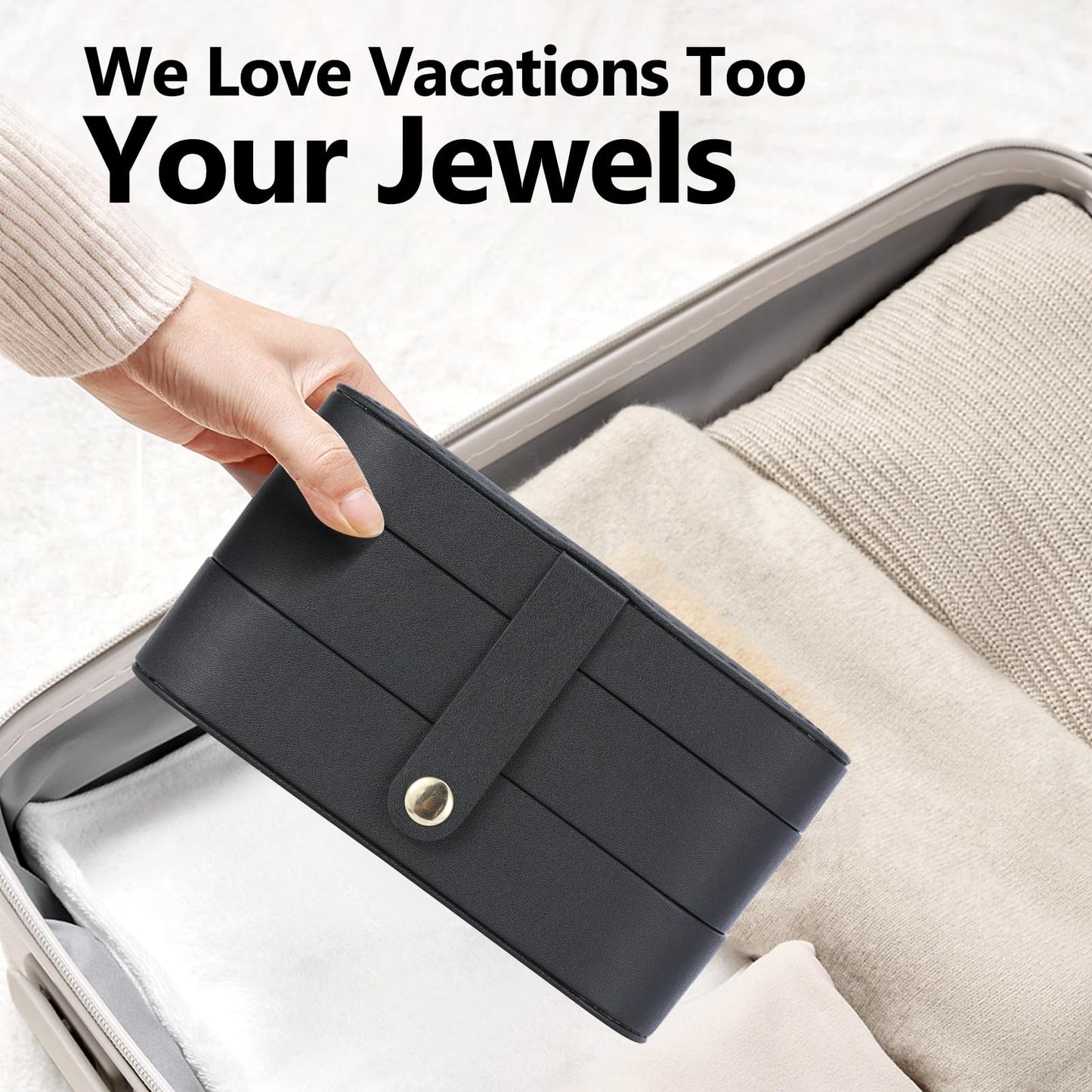 KJroom Travel Jewelry Case with LED Lighted Mirror, Portable Travel Jewelry Organizer, 2-Layer Jewelry Box for Earrings Necklace Bracelet Rings, Birthday Gifts for Women Girls Kids (Black)