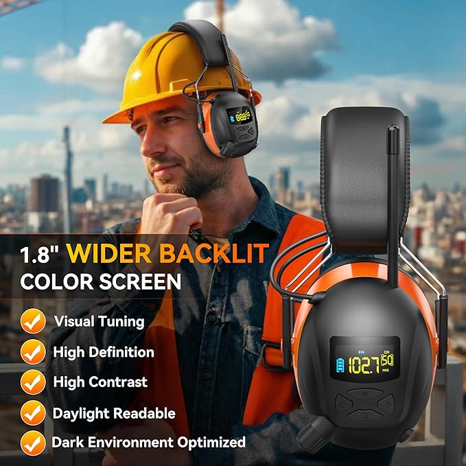 2025 AM/FM Radio Ear Protection Headphones with Backlit Digital Display, 120H Working Time, Rechargeable Hearing Protector, 30dB Noise Reduction Safety Earmuffs for Mowing, Construction, Work, Orange