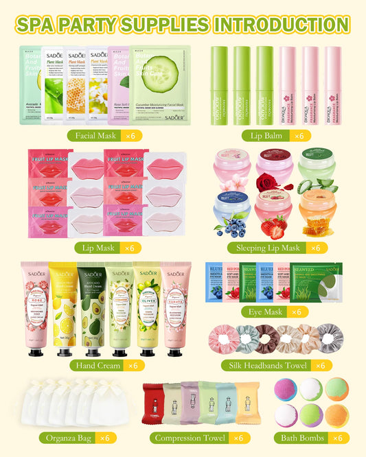 60 PCS Spa Party Supplies for Girl,Spa Party Favors kits Include Face Masks Skincare,Hand Cream, Lip Balm,Under Eye Patches,Lip Mask,Foot Bath Bombs,Women Ideal Gift Bulk Birthday Sleepover Spa Party