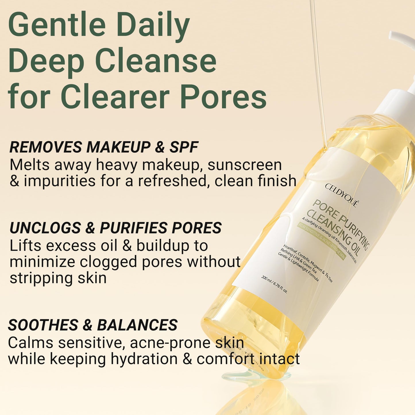 CELDYQUE Pore Purifying Cleansing Oil – Korean Face Wash with Centella, Tea Tree, Green Tea & LHA – Gentle Makeup Remover for Sensitive, Acne-Prone Skin, Deep Pore Cleanser, 6.76 fl oz