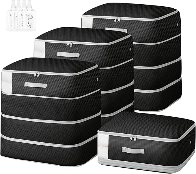 Comforter Storage Bag - 130L Large Capacity Blanket Storage Bags 4-Layer Ultra Space Saving Self Compression Organizer, Washable Compression Bags for Storage Comforter Blanket, 4-Pack, Black