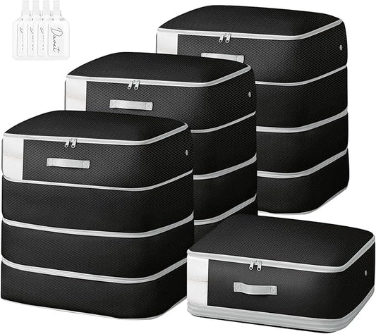 Comforter Storage Bag - 130L Large Capacity Blanket Storage Bags 4-Layer Ultra Space Saving Self Compression Organizer, Washable Compression Bags for Storage Comforter Blanket, 4-Pack, Black