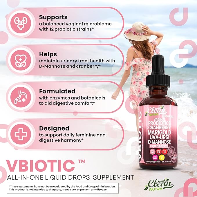 Clean Nutraceuticals VBiotic Vaginal Probiotic for Women Liquid Drops | Cranberry Uva Ursi Horsetail D-Mannose Prebiotics Marigold & Black Cohosh Vaginal Health Supplement | pH Balance