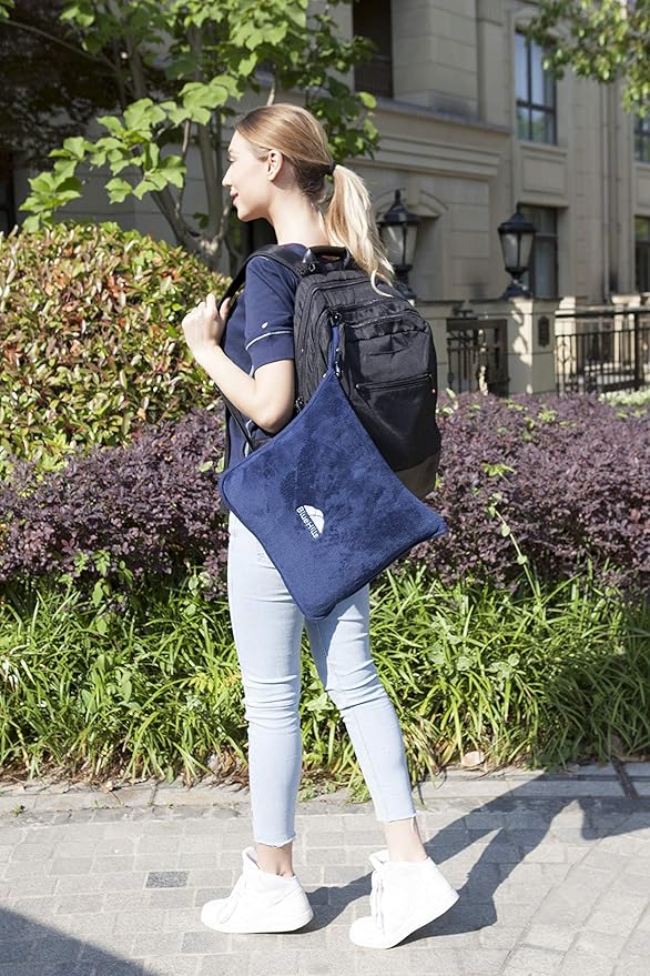 BlueHills Premium Soft Long Travel Blanket Pillow for Tall Airplane Flight Blanket Throw Luggage Belt & Backpack Clip Compact Packable Car Large 2 in 1 Combo Warm Gifts Navy Blue T051