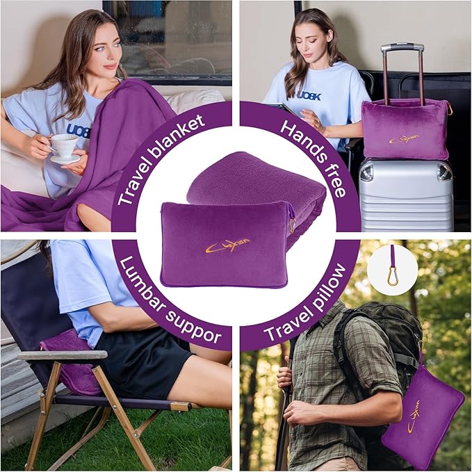 Travel Blanket & Pillow Set, 300 GSM Soft Fleece, 60x43 Inches, 3-in-1 Airplane Blanket, Travel Pillow and Blanket Set, Travel Blanket Airplane Compact with Bag, Travel Essentials, Violet