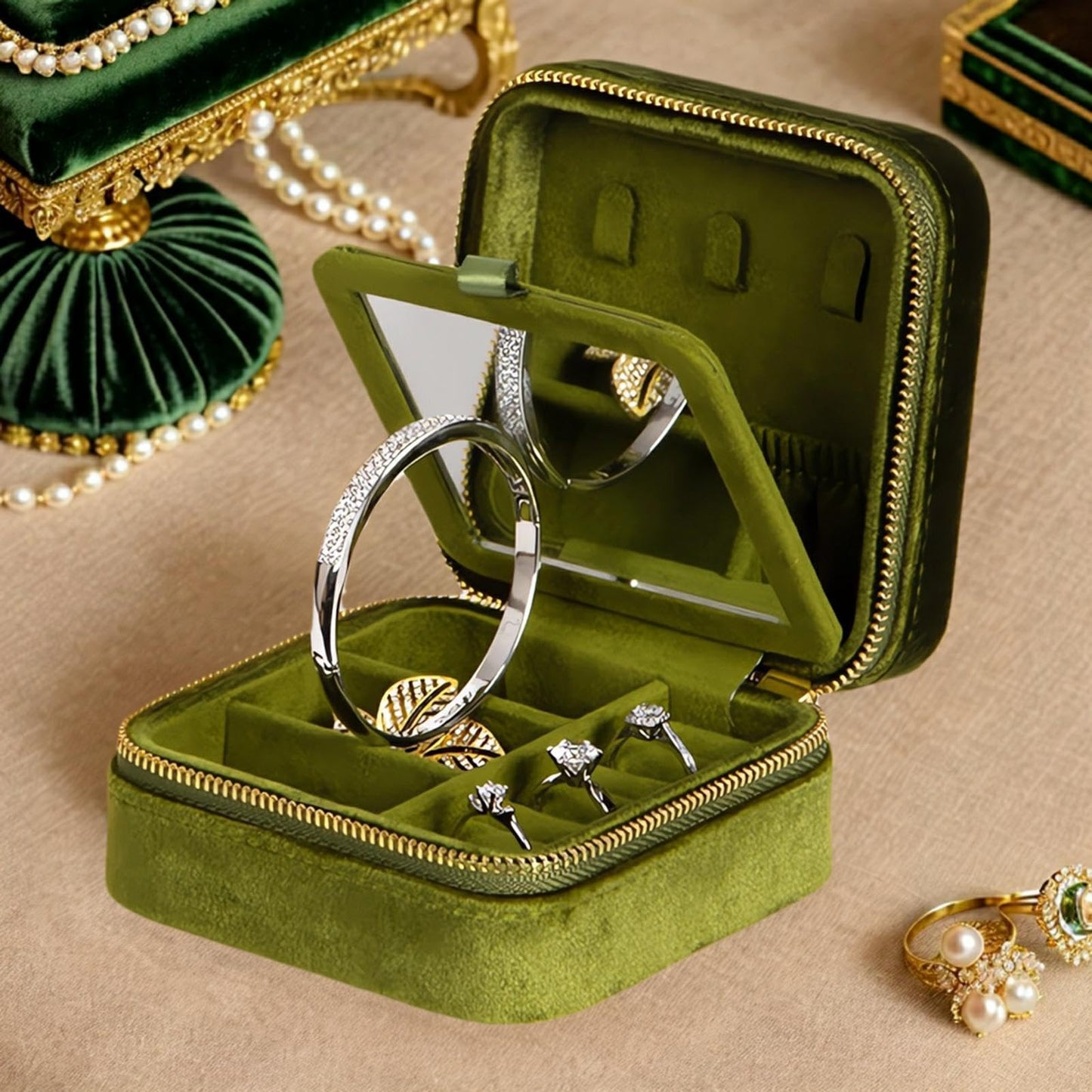 MEEJOA Velvet Jewelry Box, Small Travel Jewelry Organizer, Portable Jewelry Case for Women with Mirror, Green Mini Plush Travel Box