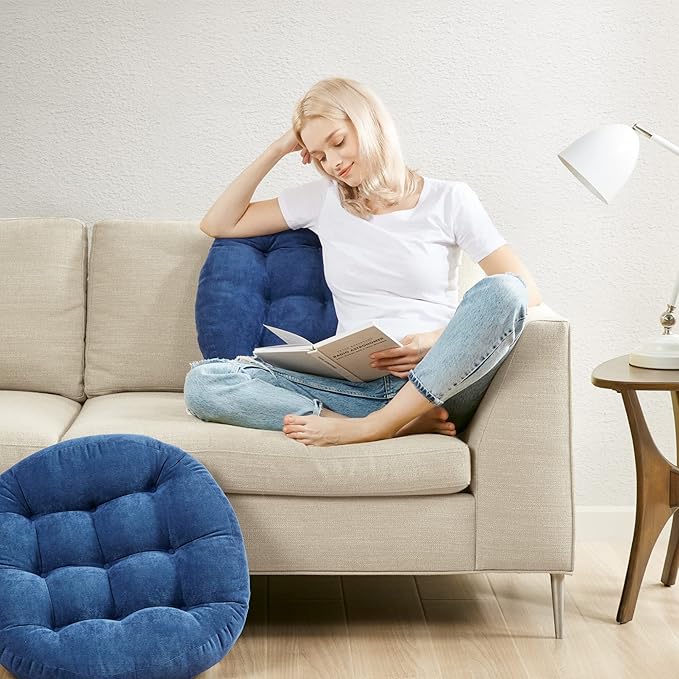Degrees of Comfort Floor Cushion Pillow, Round Large Pillows Seating for Adults, Tufted Corduroy Floor Cushions for Living Room Tatami, Navy Blue, 22 Inch Single, 1 Count (Pack of 1)
