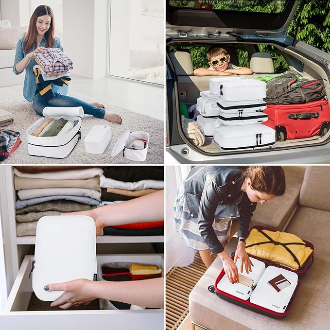 8 Set Compression Packing Cubes for Travel, Waterproof Luggage Organizers, Suitcase Organizer Set for Carry-On & Checked Baggage, Travel Accessories for Men & Women