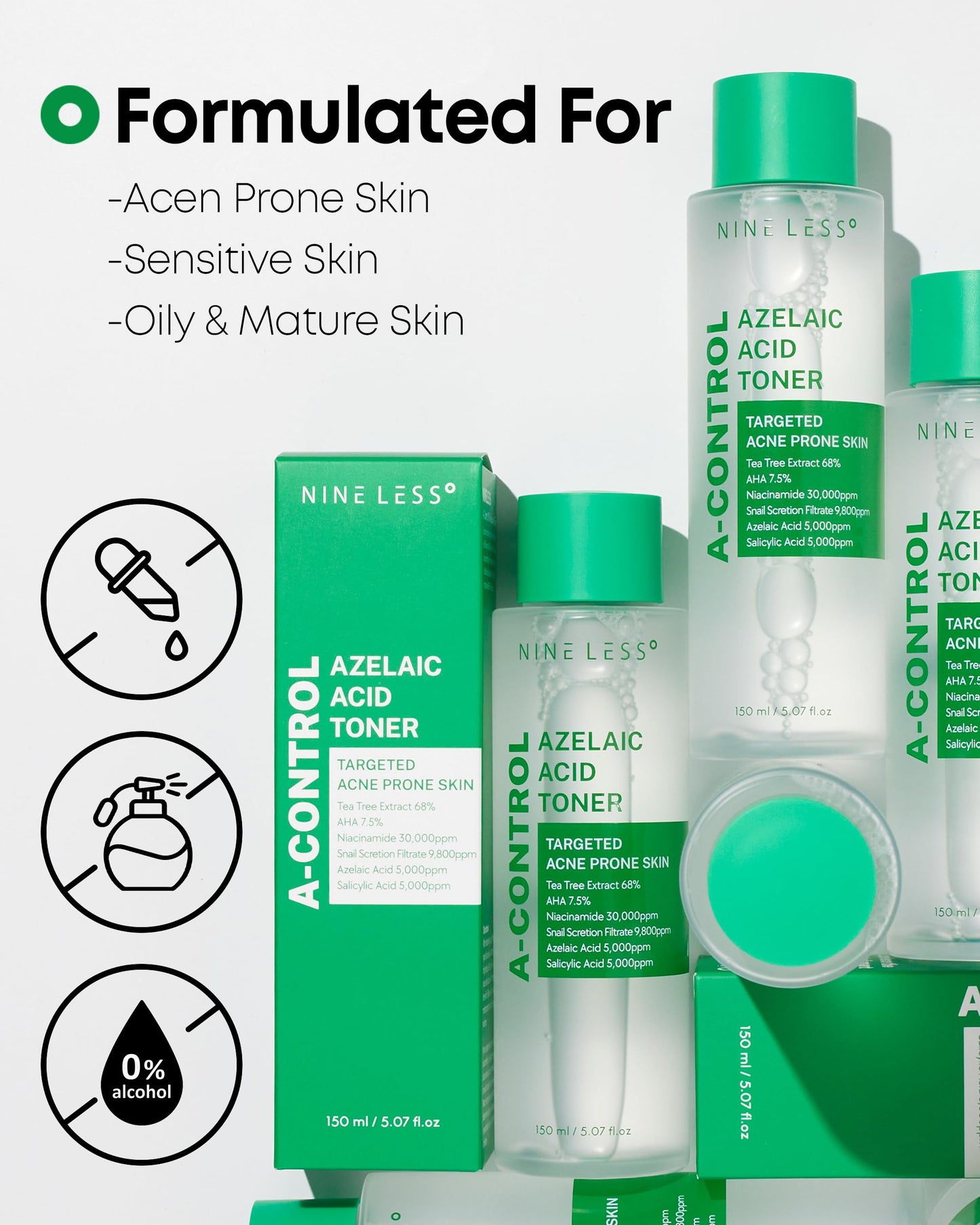 Azelaic Acid Toner – Korean Mild Exfoliating Skin Prep for Acne-Prone Skin – Salicylic Acid for Pores – Calming, Refreshing, Purifying, 5.07 fl.oz.